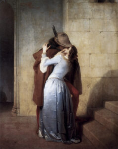 Francesco Hayez, Il bacio (prima versione), 1859. Olio su tela, 112 x 88 cm. Milano, Pinacoteca di Brera.